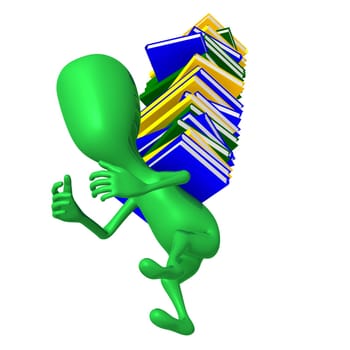 Under view puppy carry heavy column of books
