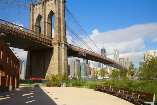 Park with benches near the Brooklyn Bridge (New York City)