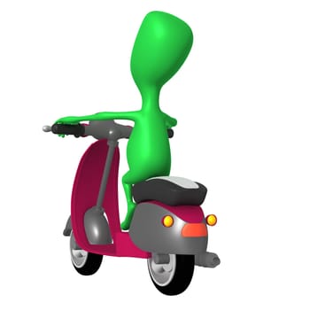 Behind view green puppy ride on pink scooter