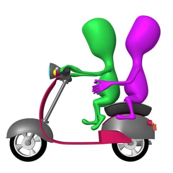 Side view both puppies ride on pink scooter