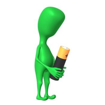 Green puppy hold big battery at his hands