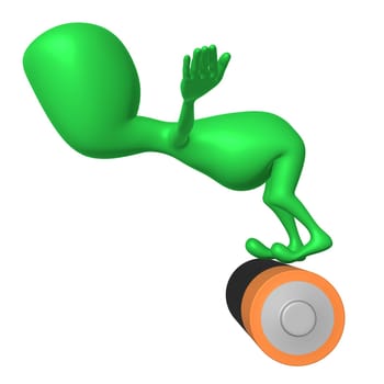 Side view puppy balance on big duracell battery