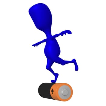 Side view blue puppy balance on big battery