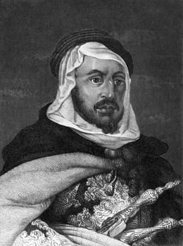Abdelkader El Djezairi (1808-1883) on engraving from 1859. Algerian Islamic scholar, Sufi, political and military leader that led the resistance against the French invasion. Engraved by unknown artist and published in Meyers Konversations-Lexikon, Germany