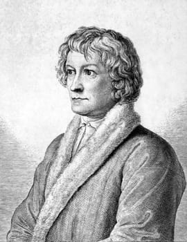 Bertel Thorvaldsen (1770-1844) on engraving from 1859.  Danish-Icelandic sculptor. Engraved by unknown artist and published in Meyers Konversations-Lexikon, Germany,1859.