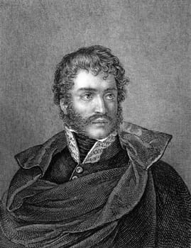 Francisco Espoz y Mina (1781-1836) on engraving from 1859. Spanish guerrilla leader and general. Engraved by F.Stober and published in Meyers Konversations-Lexikon, Germany,1859.