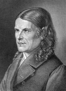 Friedrich Ruckert (1788-1866) on engraving from 1859. German poet, translator and professor of oriental languages. Engraved by C.Barth and published in Meyers Konversations-Lexikon, Germany,1859.