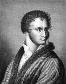 Franz von Sonnenberg (1779-1805) on engraving from 1859. German poet. Engraved by unknown artist and published in Meyers Konversations-Lexikon, Germany,1859.