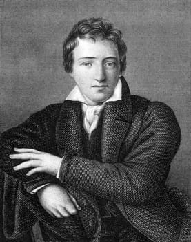 Heinrich Heine (1797-1856) on engraving from 1859. German poet. Engraved by unknown artist and published in Meyers Konversations-Lexikon, Germany,1859.