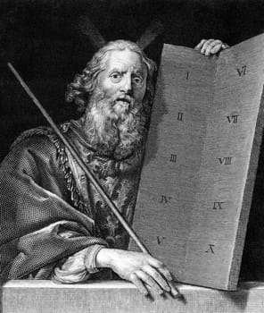 Moses with the tablets of the Ten Commandments on engraving from 1859. Engraved by unknown artist and published in Meyers Konversations-Lexikon, Germany,1859.