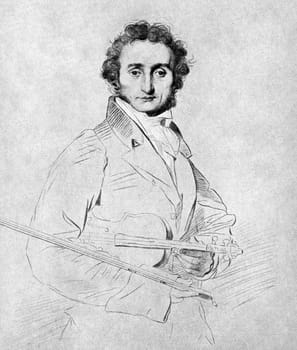 Niccolo Paganini (1782-1840) on antique print from 1899. Italian violinist, violist, guitarist and composer. After Calamatta and published in the 19th century in portraits, Germany, 1899.