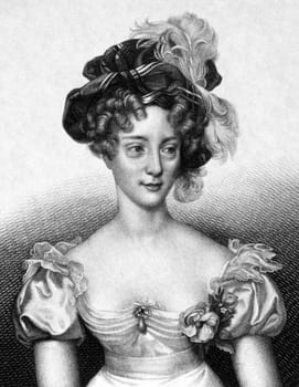 Princess Caroline of Naples and Sicily (1798-1870) on engraving from 1859. Engraved by Nordheim and published in Meyers Konversations-Lexikon, Germany,1859.