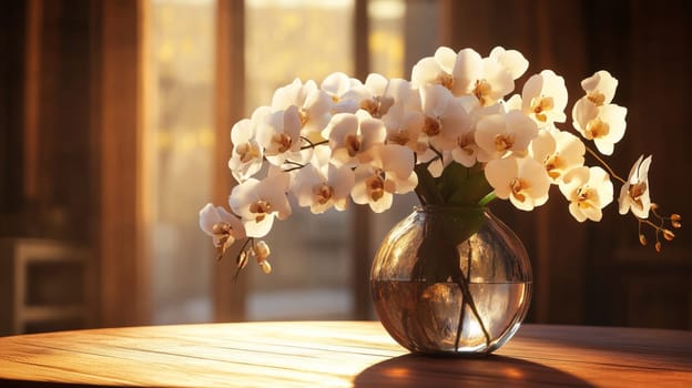 Elegant white orchids in a glass vase. Perfect for interior decor, spa branding, floral design, and spring themes