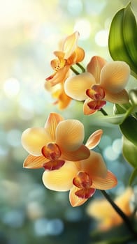 Golden orchid blossoms in soft light. Ideal for floral branding, home decor, spa themes, and nature-inspired aesthetics. Perfect for spring themes