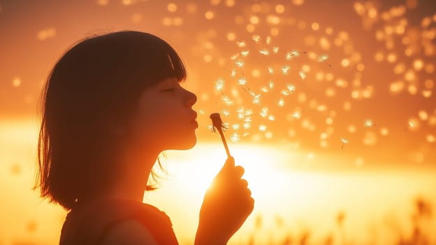 A girl blowing dandelion seeds in a meadow during sunset. Ideal for childhood themes, nature, and springtime memories