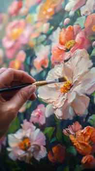 An artist painting a floral artwork with delicate brushstrokes, capturing the beauty of blooming flowers. Suitable for art, creativity.