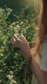 A woman's hand lightly touching a delicate flower, symbolizing connection with nature and the gentle beauty of life. Perfect for holistic health, beauty, and relaxation concepts