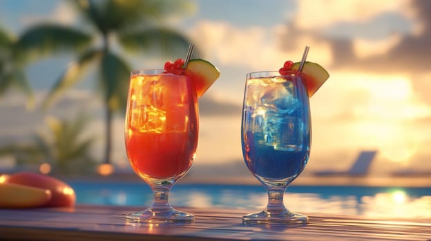Refreshing cocktails by the pool at sunset, Spring Break vibes.