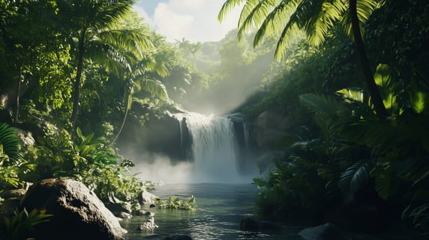 Tropical waterfall surrounded by lush green jungle.