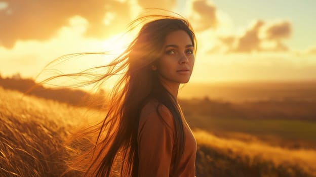 A young woman stands in a golden field, her hair moving with the wind, capturing the serenity and warmth of the season. Ideal for editorial, well-being, and fashion visuals