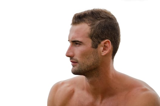 Good looking shirtless male model, side view, profile.
