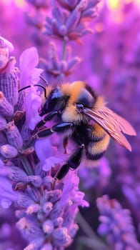 bumblebee collecting nectar from lavender flowers. Perfect for nature, macro photography, and floral themes