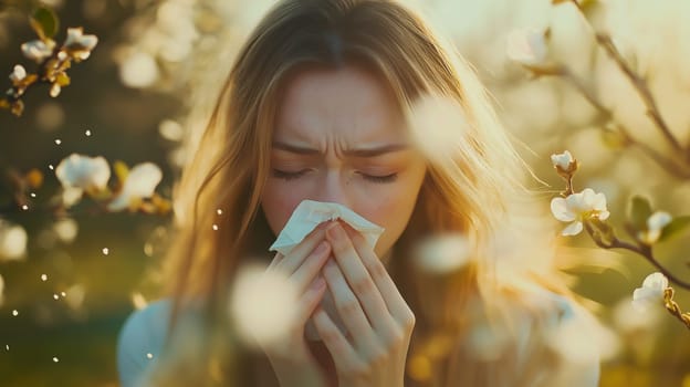 A woman sneezing in springtime with pollen in the air. Ideal for allergy, health, and seasonal themes
