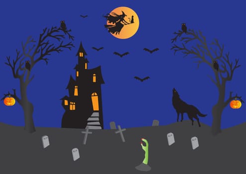 Halloween with Haunted House,Witch on Broomstick with cat,bats,wolf howling,pumpkins,graveyard,ghostly hand