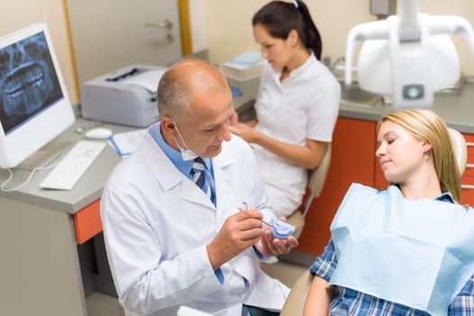 Visit at dentist showing female patient model of teeth
