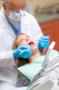Close-up of dental equipment at surgery office patient and dentist