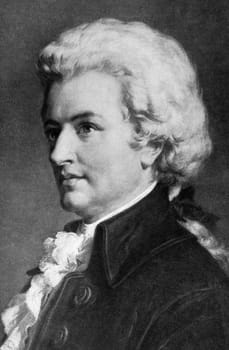 Wolfgang Amadeus Mozart (1756-1791) on engraving from 1908. One of the most significant and influential composers of classical music. Engraved by unknown artist and published in "The world's best music, famous songs. Volume 8"", by The University Society,"