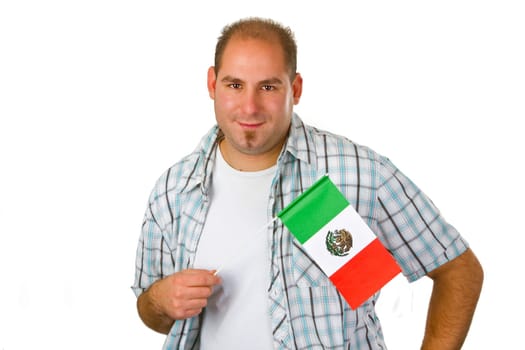 Young man with Mexican national flag isolated on white background