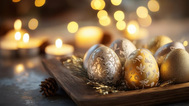 Elegant golden Easter eggs with intricate patterns and candlelight
