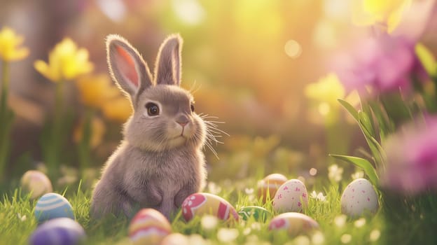 Adorable bunny sitting among Easter eggs in a spring meadow
