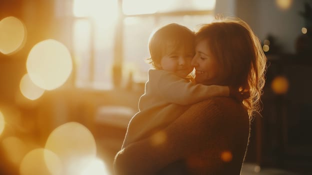Happy mother embracing her child in warm golden sunlight