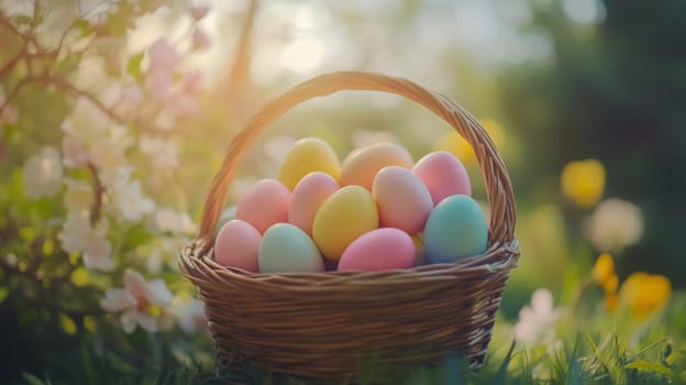 Pastel Easter eggs in wicker baskets with spring flowers.