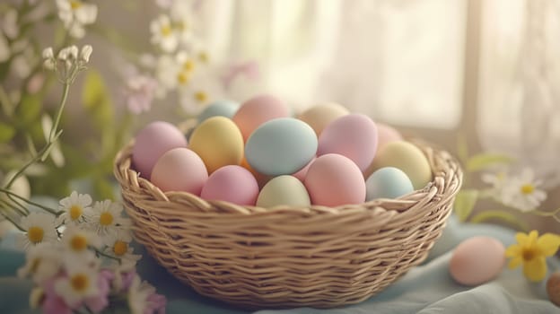 Pastel Easter eggs in wicker baskets with spring flowers.