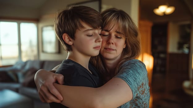 Loving mother and teenage son embracing in a tender moment