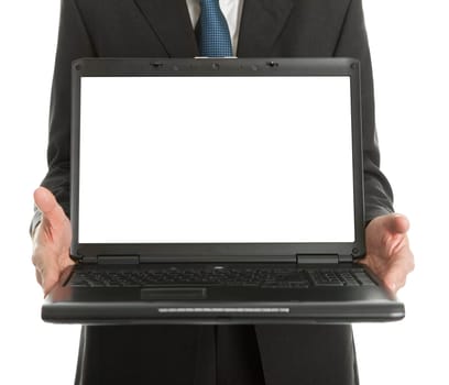 Close-up of business man presenting laptopn. Isolated on white