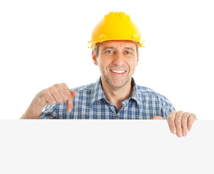 Confident worker presenting empty board. Isolated on white