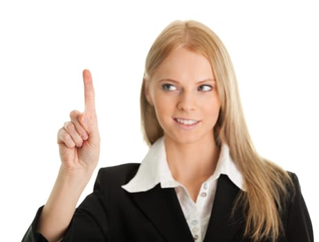 Business woman touching the screen with her finger. Isolated on white