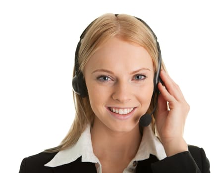 Cheerfull call center operator. Isolated on white