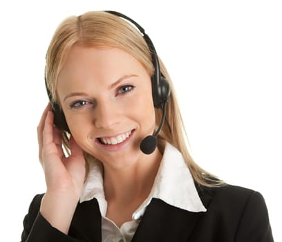 Cheerfull call center operator. Isolated on white