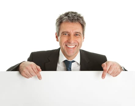 Confident businessmen presenting empty board. Isolated on white