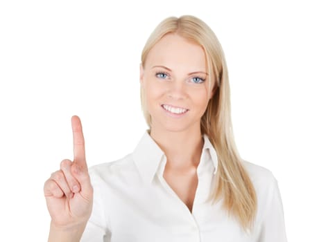 Business woman touching the screen with her finger. Isolated on white