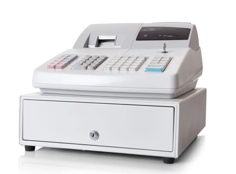 Cash register with LCD display. Isolated on white background
