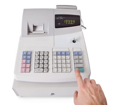Cash register with LCD display. Isolated on white background