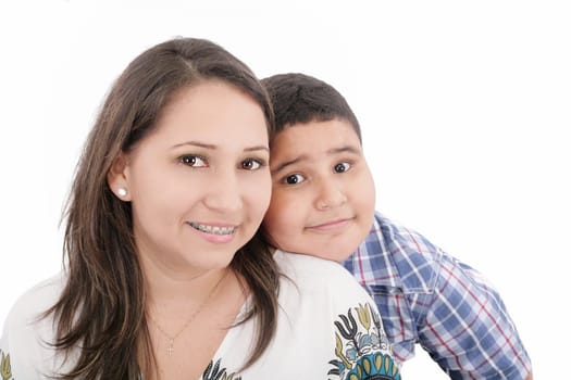 Happy mother with orthodontics and son - isolated over a white background