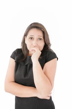 Businesswoman shrugging, isolated on white background
