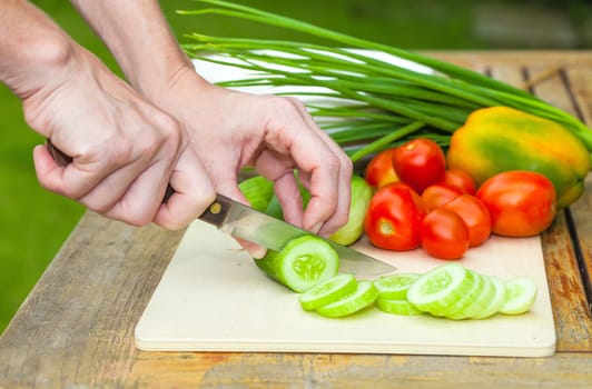 sliced cucumber. Woman  cut cucumber  knife